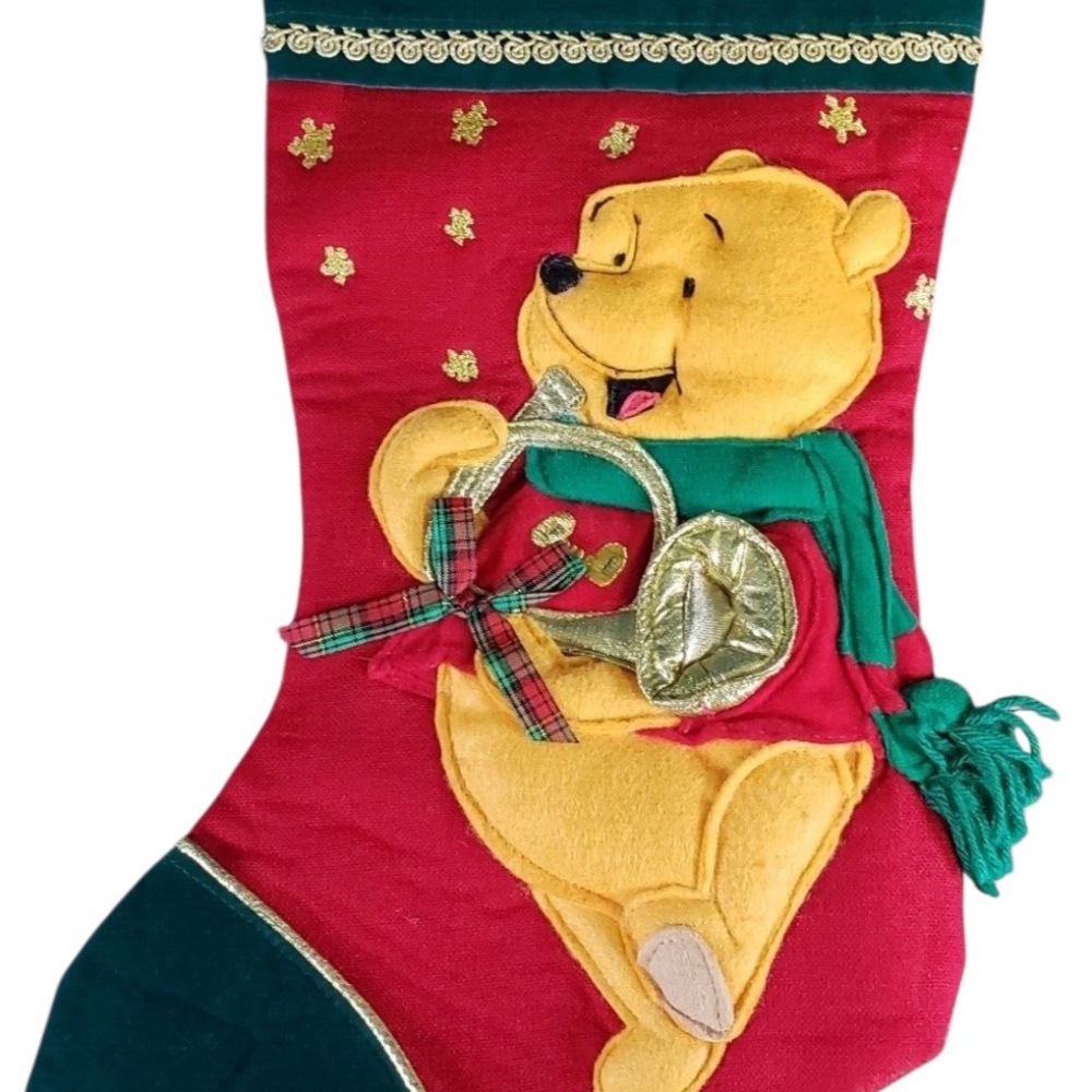 Vtg RARE HTF Disney Winnie The Pooh Bear Christmas Stocking Felt 3D Green red - Picture 9 of 14
